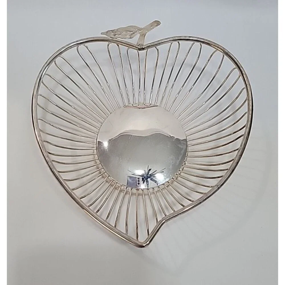 Vintage Silverplate Heart-Shaped Fruit Basket with Leaf Accent